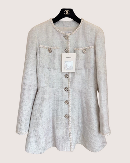 Chanel 23S Flared Tweed Jacket White, Silver FR 34