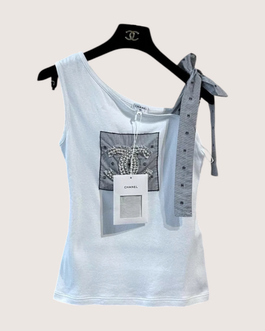 Chanel 24P One-Shoulder Pearl CC Logo Tank Top
