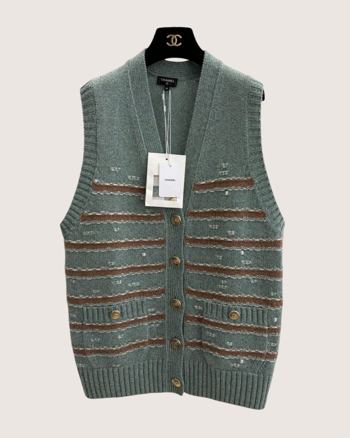 Chanel 24K Striped Knit Vest Green, Brown, White FR 34