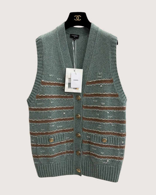 Chanel 24K Striped Cashmere Vest - Green, Brown, White