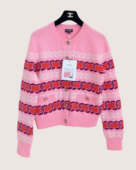 Chanel 23B Cashmere Striped Cardigan Pink, Red, Purple, Multicolor FR 38