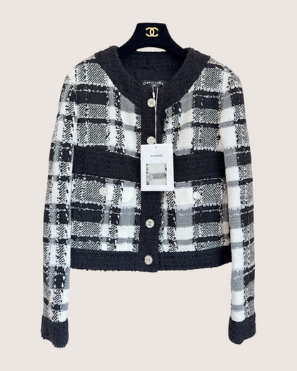 Chanel 23P Plaid Tweed Jacket Black, White, Grey FR 38