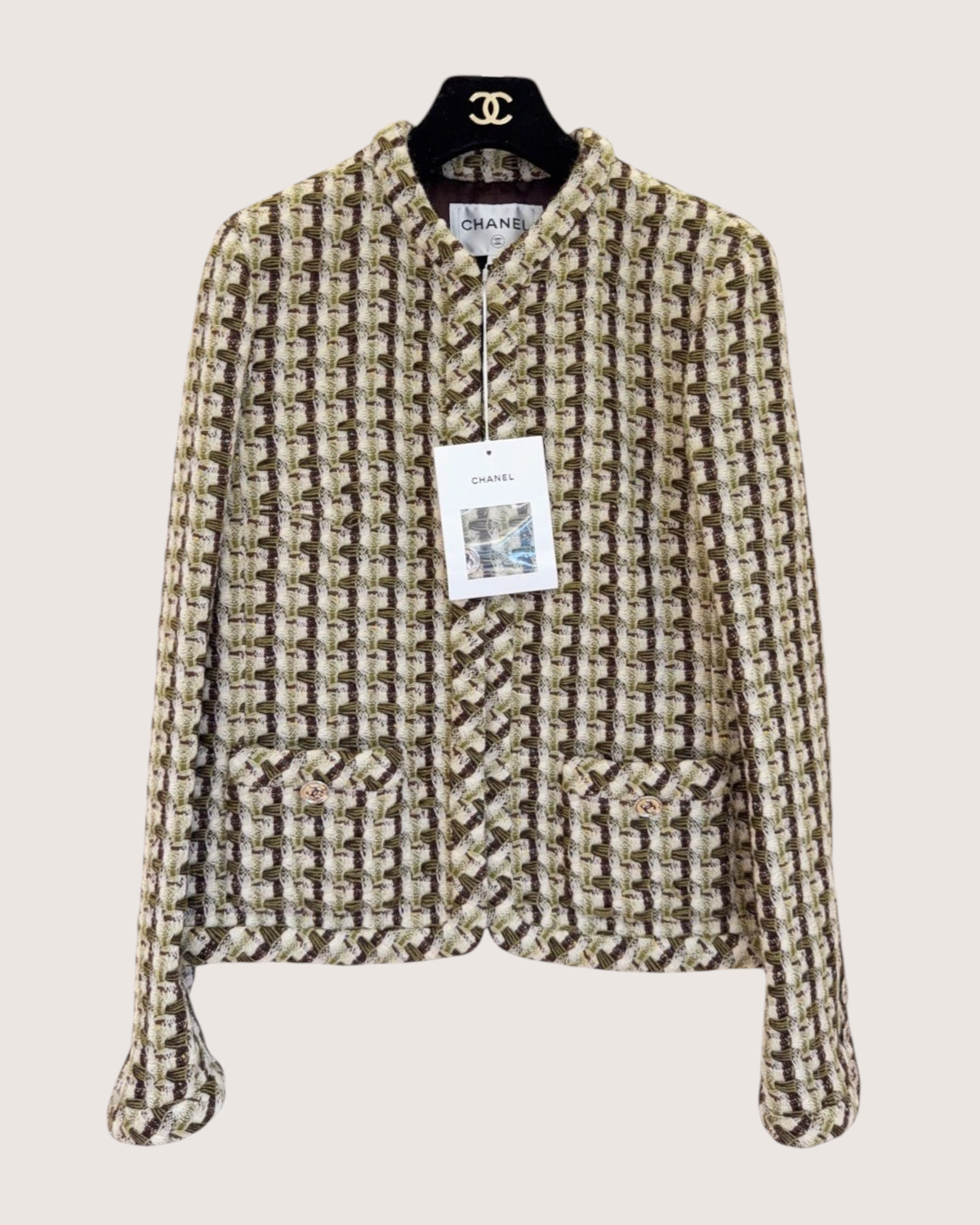 Chanel 23A Tweed Jacket Beige/Ecru, Green, Brown FR 36