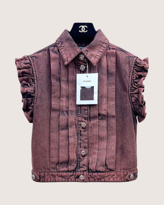 Chanel 24A Ruffle-Trim Denim Vest Pink, Black FR 36