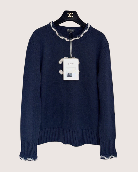 Chanel 21P Cashmere CC Sweater Navy, White FR 38