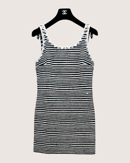 Chanel 24S Striped Beaded Mini Dress Black, White