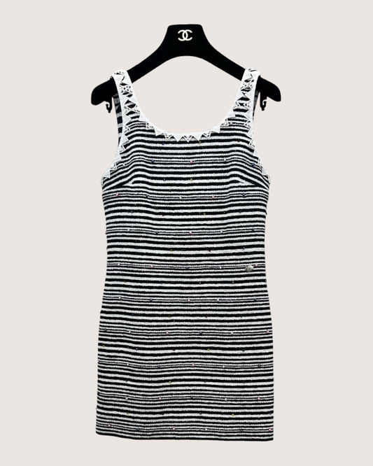 Chanel 24S Striped Beaded Mini Dress Black, White