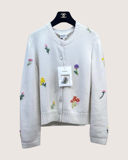 Chanel 26P Floral Cashmere Cardigan Beige/Ecru, Multicolor FR 42