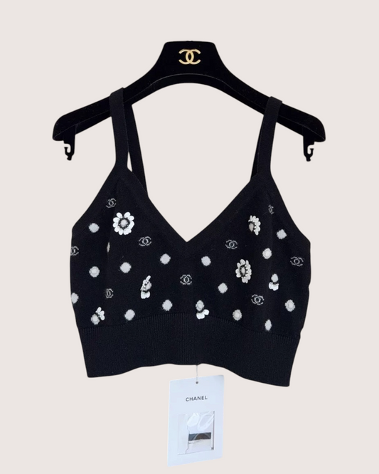 Chanel 23S Embellished Cashmere Bustier Crop Top - Black