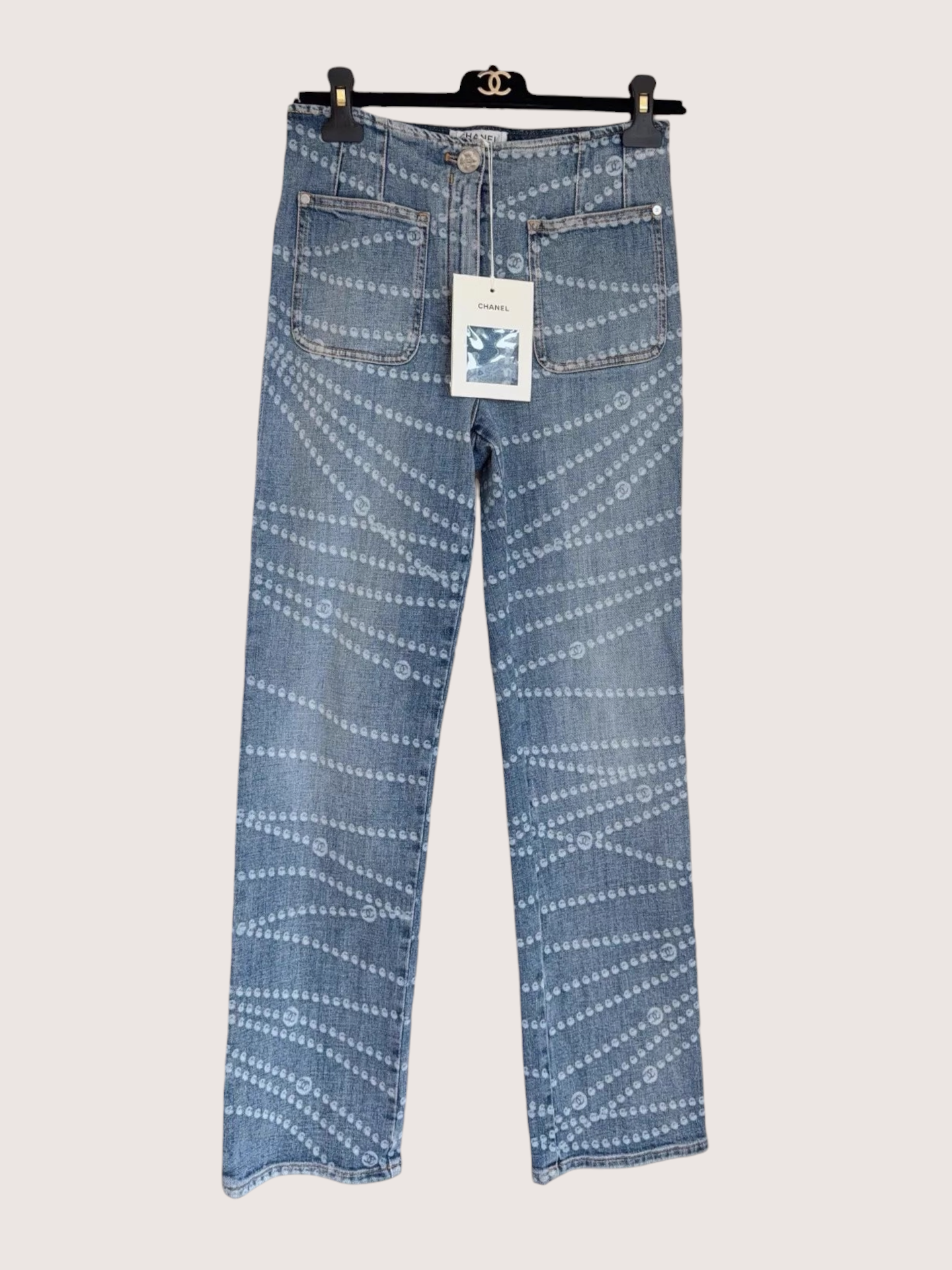 Chanel 25P Pearl Chain Print Washed Straight Denim Jeans