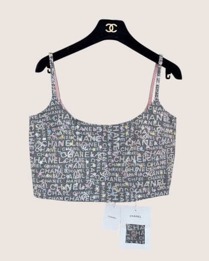Chanel 24C Logo Denim Top Grey, White, Pink, Multicolor FR 36