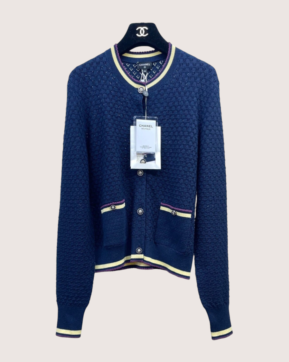 Chanel 26C Cashmere Openwork Cardigan Navy, Yellow, Purple FR 38