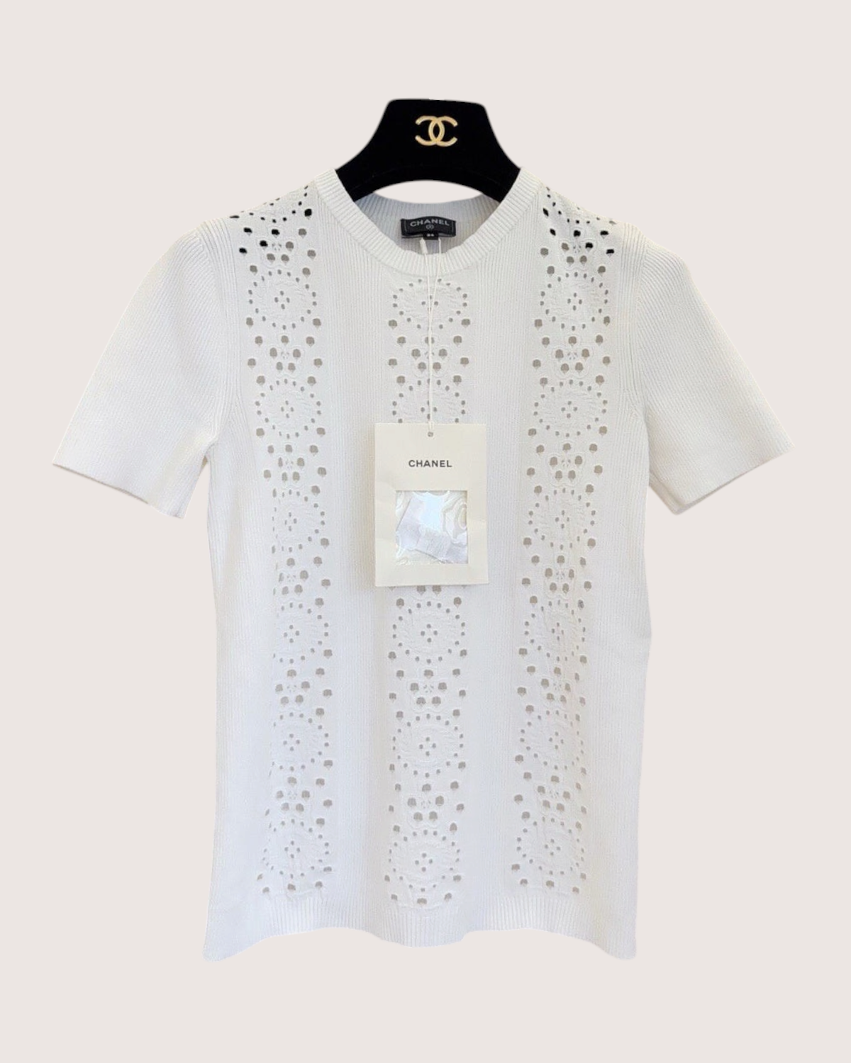 Chanel 25B Short-Sleeve Floral Openwork Top White FR 34