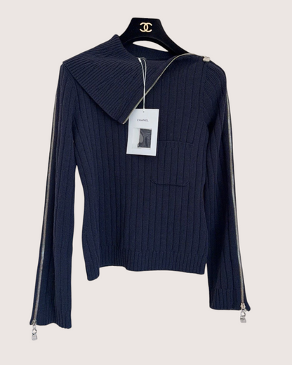 Chanel 24K Wool Zip-Up Sweater Navy FR 36