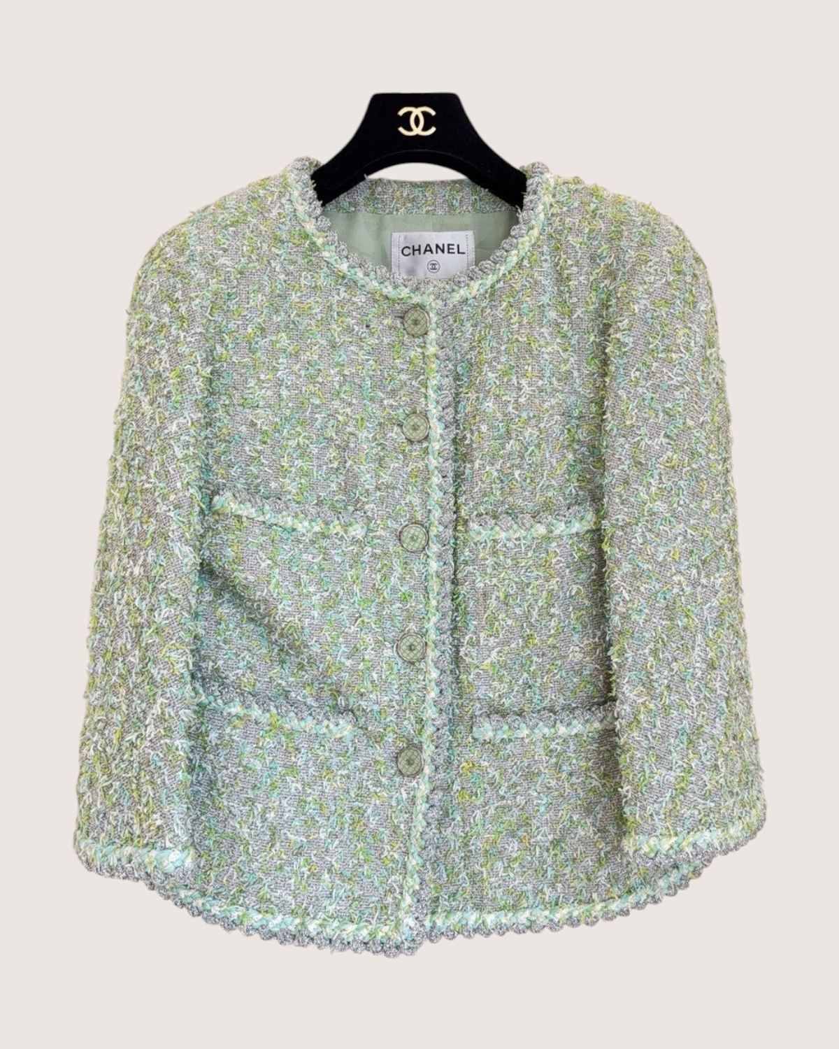 Chanel 18P Four-Pocket Tweed Jacket Green, Silver, Multicolor FR 36