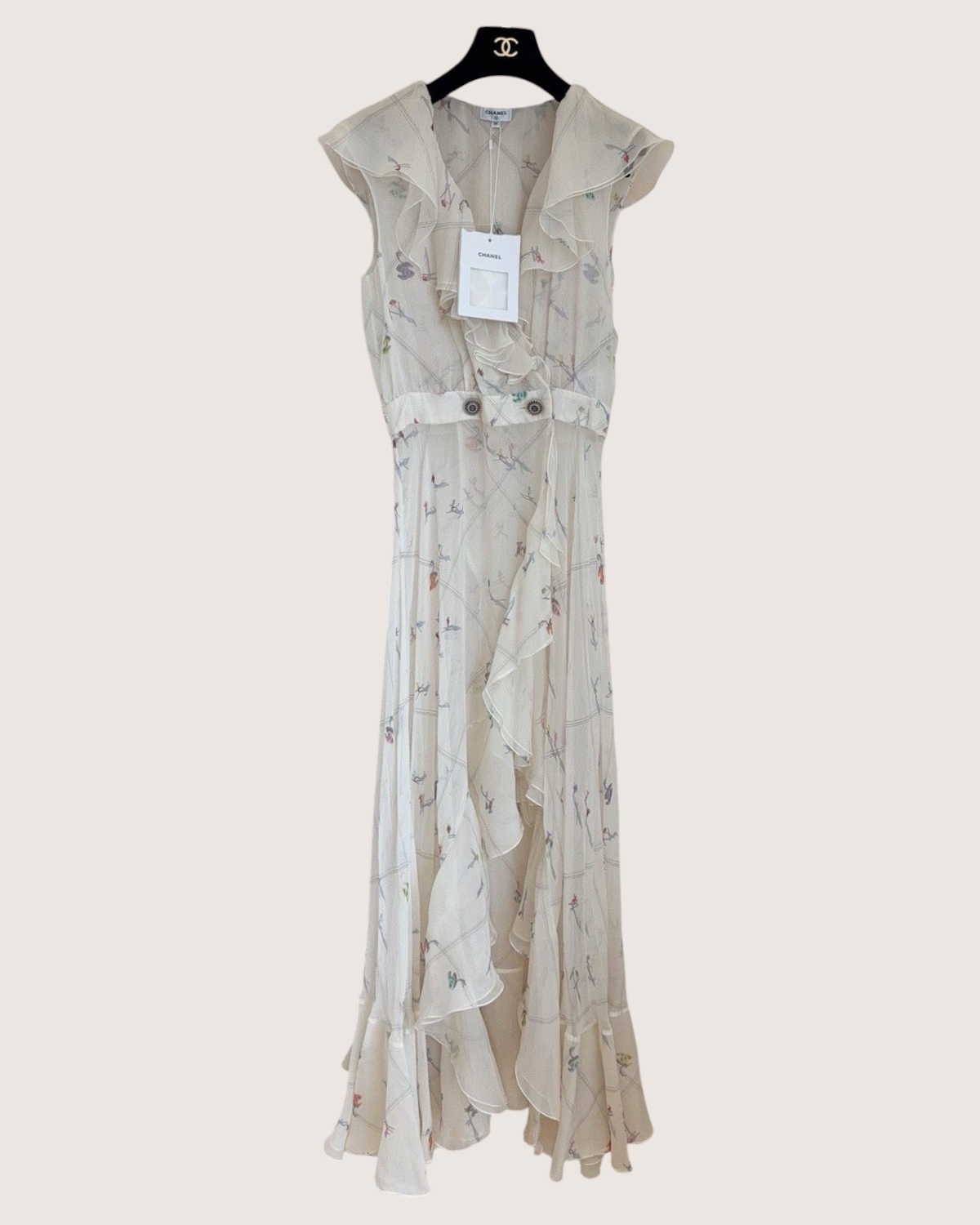 Chanel 19K Ruffle-Trim Belted Maxi Dress Beige/Ecru, Multicolor FR 36