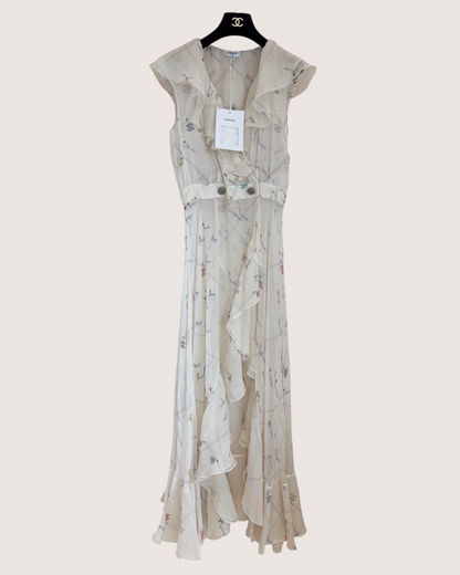 Chanel 19K Ruffle-Trim Belted Maxi Dress Beige/Ecru, Multicolor FR 36