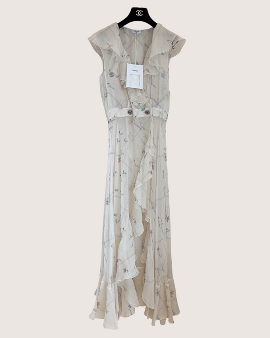 Chanel 19K Ruffle-Trim Belted Maxi Dress Beige/Ecru, Multicolor FR 36