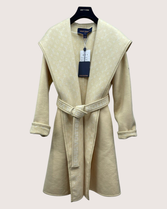Louis Vuitton Wool Monogram Hooded Wrap Coat Beige/Ecru FR 34