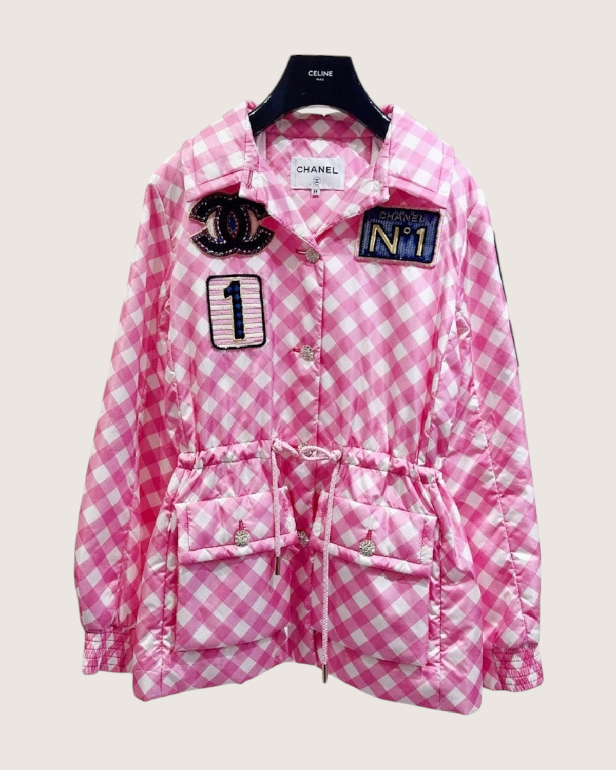 Chanel 23C Gingham Badge Jacket Pink, White, Multicolor FR 38