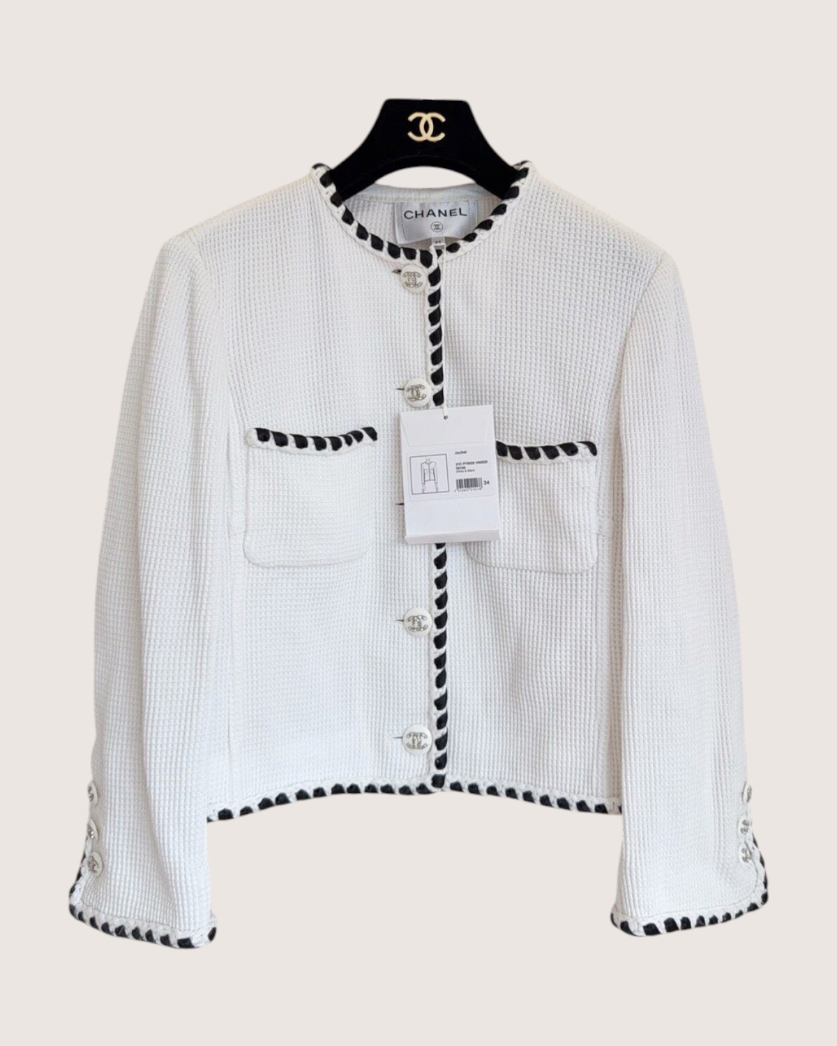 Chanel Waffle Whipstitch Cardigan White, Black FR 34