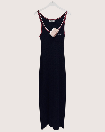 Miu Miu Cable-Knit Slim Dress Navy, Red, White FR 36