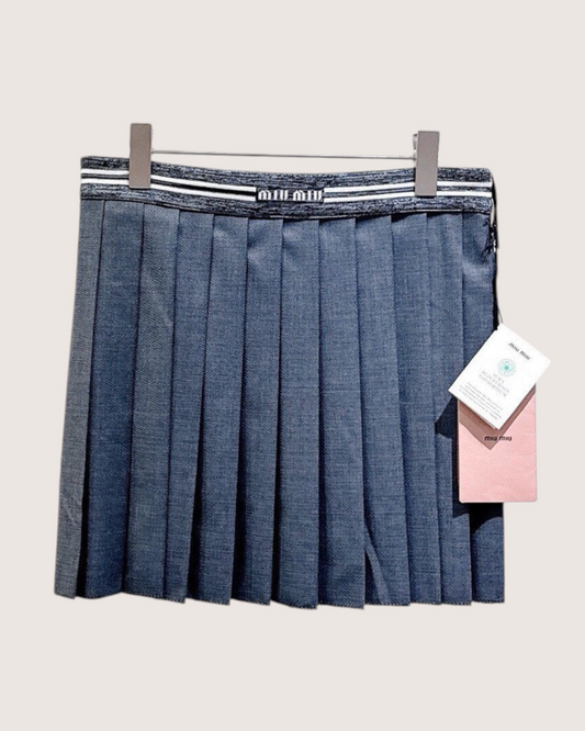 Miu Miu Wool Logo Pleated Mini Skirt Grey, White IT 38
