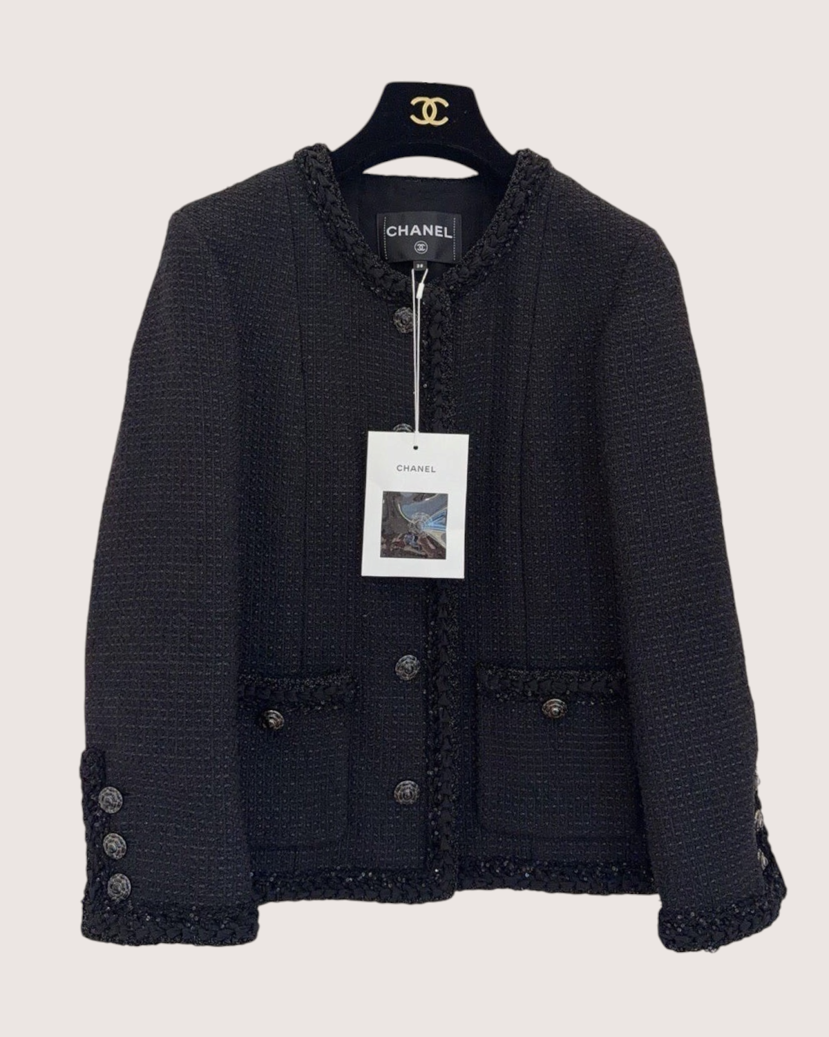 Chanel 25S Braided-Trim Shimmer Tweed Jacket Black FR 38