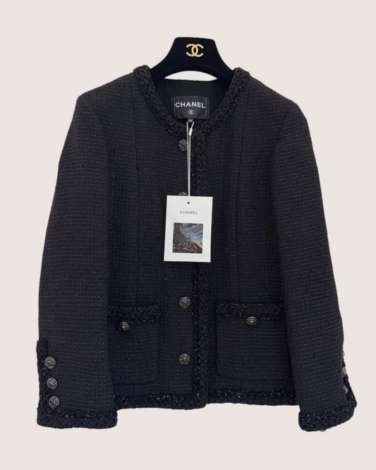 Chanel 25S Braided-Trim Shimmer Tweed Jacket Black FR 38