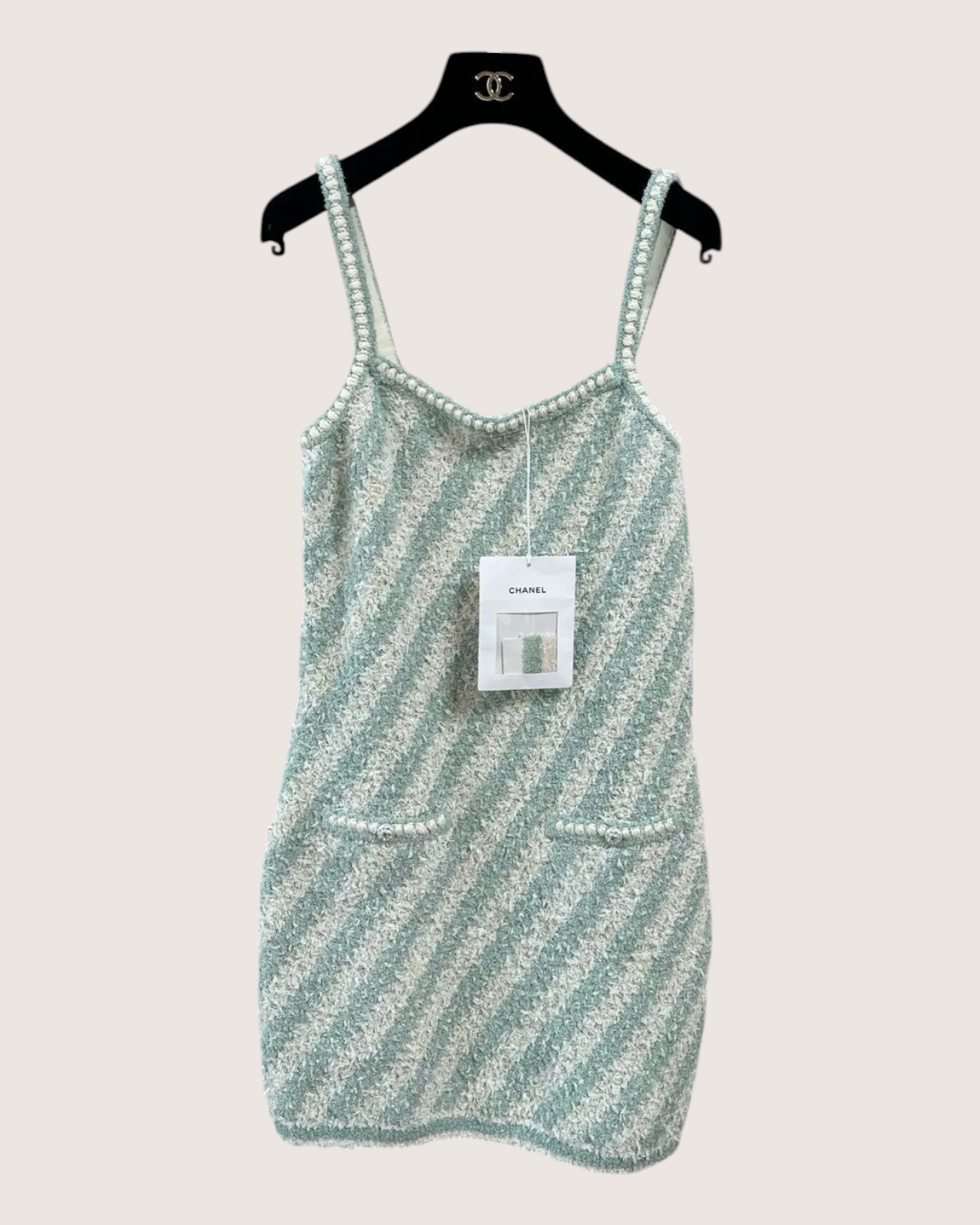 Chanel 23S Tweed Strappy Mini Dress Green, White FR 38