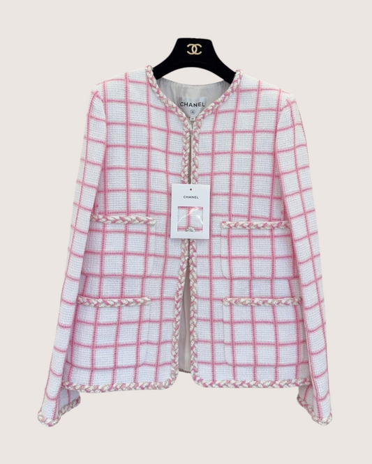 Chanel 23C Checked Tweed Jacket White, Pink FR 34
