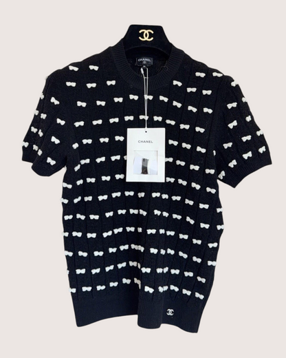 Chanel 25K Bow Short-Sleeve Top Black, White FR 36
