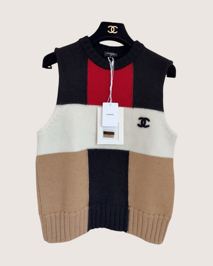 Chanel 26B Cashmere Colorblock Vest Black, Beige/Ecru, Multicolor FR 36