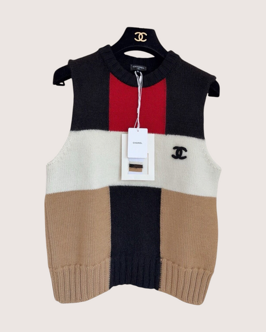 Chanel 26B Cashmere Colorblock Vest Black, Beige/Ecru, Multicolor FR 36