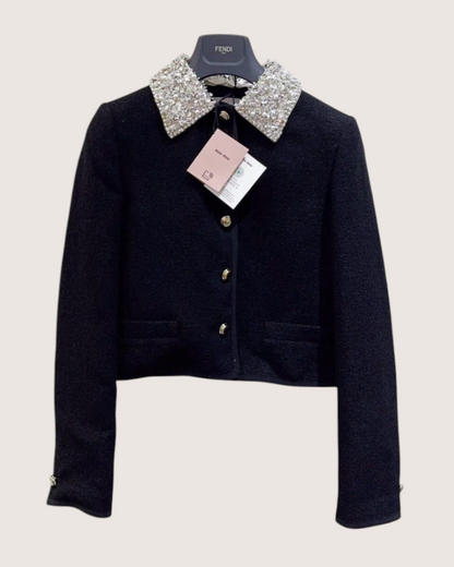 Miu Miu Cropped Crystal-Collar Tweed Jacket Black, Silver FR 36