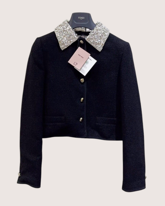 Miu Miu Cropped Crystal-Collar Tweed Jacket Black, Silver IT 40