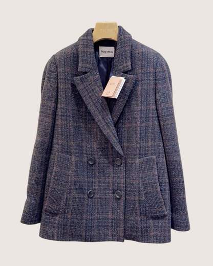 Miu Miu Double-Breasted Checked Tweed Jacket Navy, Grey, Brown IT 38