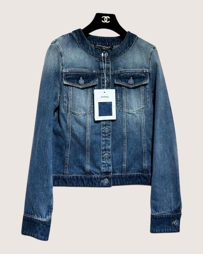 Chanel 24B Denim Crewneck Pocket Jacket Blue FR 38