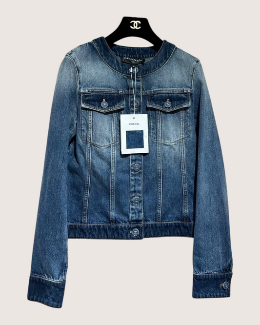 Chanel 24B Denim Crewneck Pocket Jacket - Blue