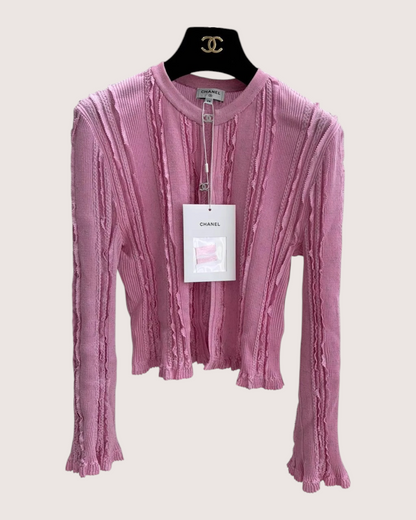 Chanel 23P Fringe Knit Cardigan Pink FR 38