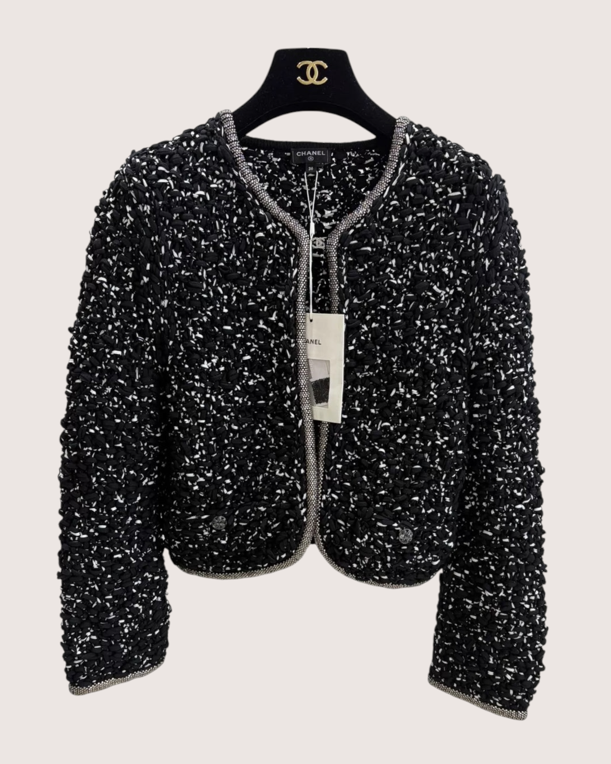 Chanel 25P Crystal-Trim Tweed Jacket Black, White FR 36