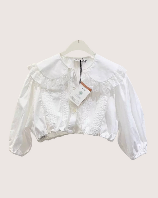 Miu Miu Lace-Collar Puff-Sleeve Shirt White FR 38