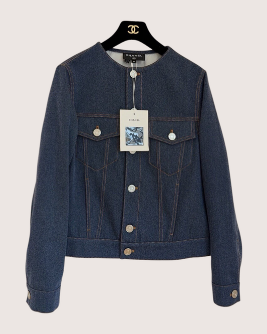 Chanel 26S Collarless Denim Jacket Blue FR 34