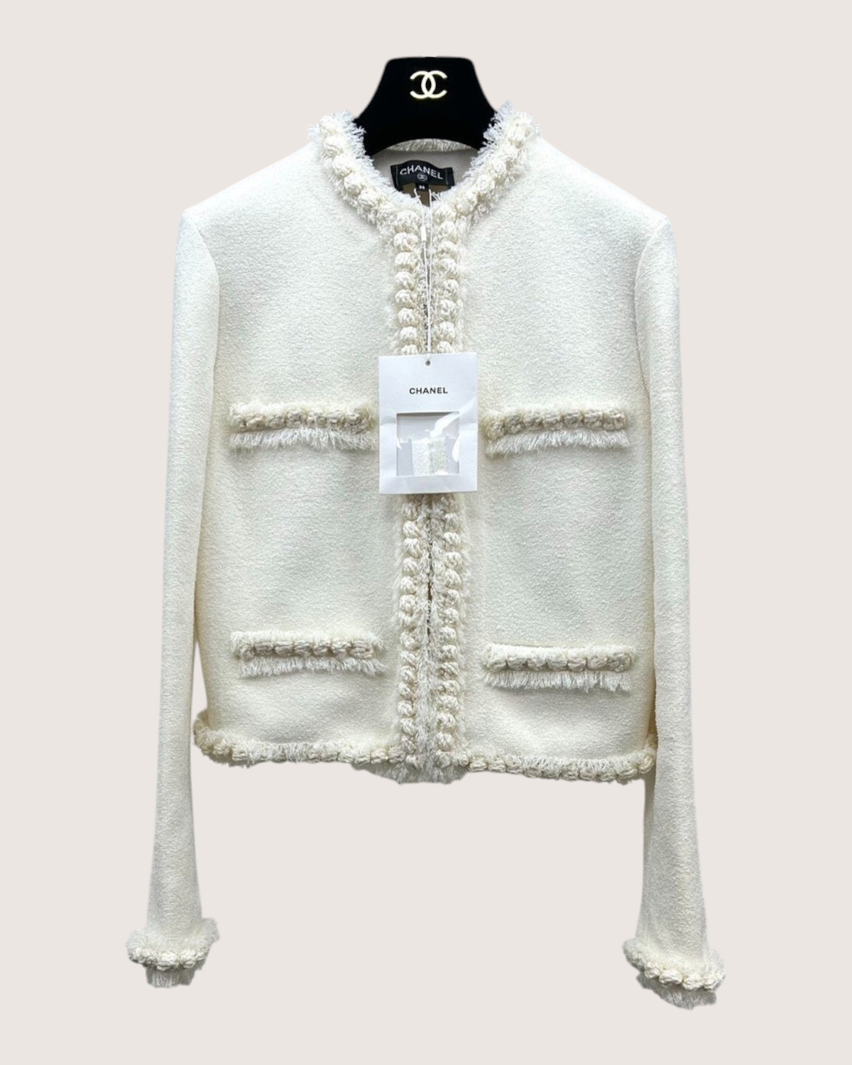 Chanel 26A Fringe-Trim Four-Pocket Bouclé Jacket Beige/Ecru FR 36