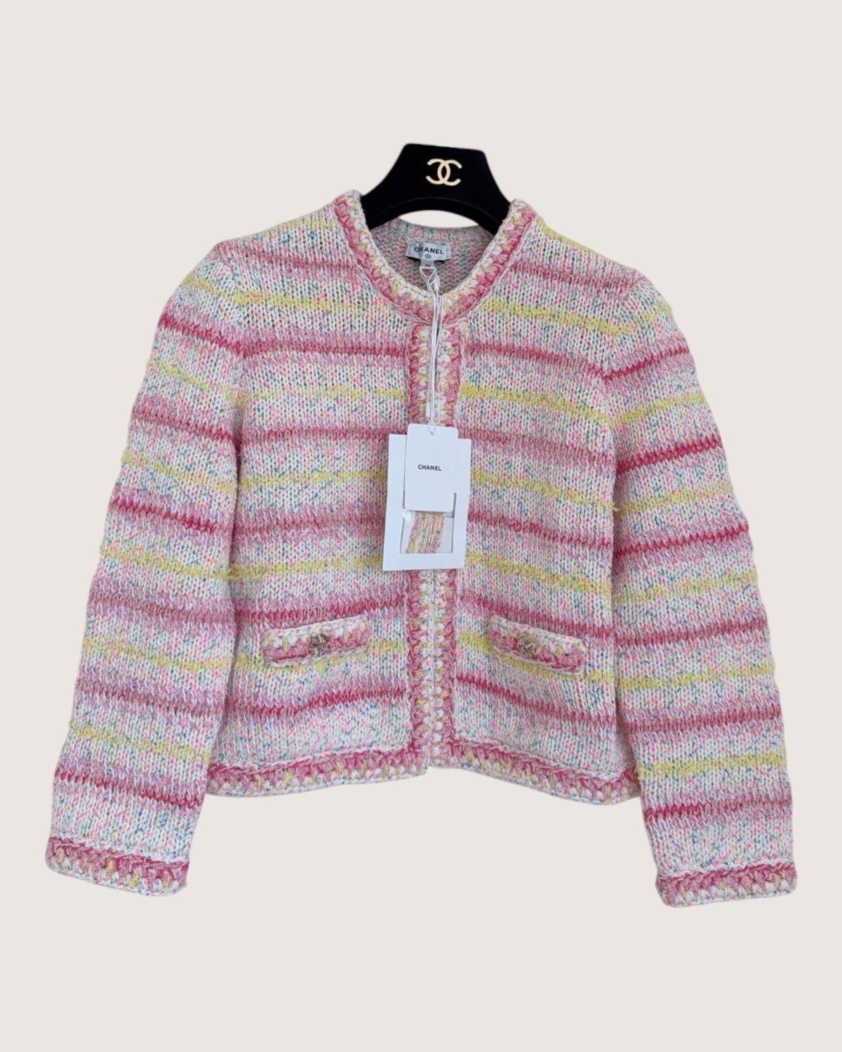Chanel 24C Striped Cardigan Pink, White, Yellow, Multicolor FR 40