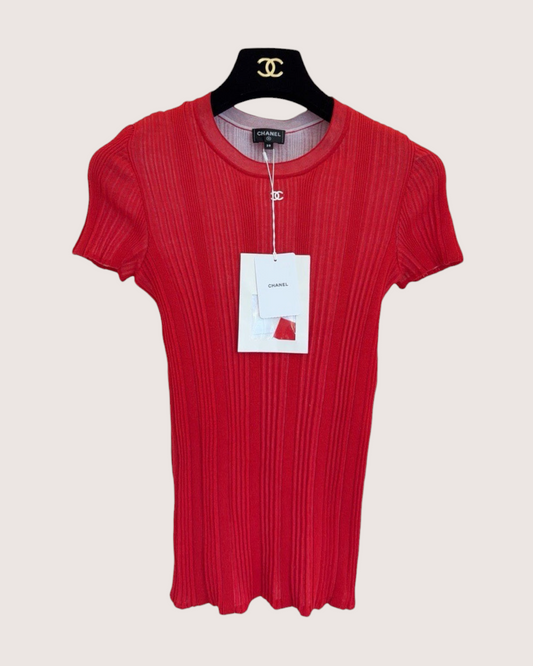 Chanel 26M Coco Beach CC Ribbed Short-Sleeve Top Red FR 38