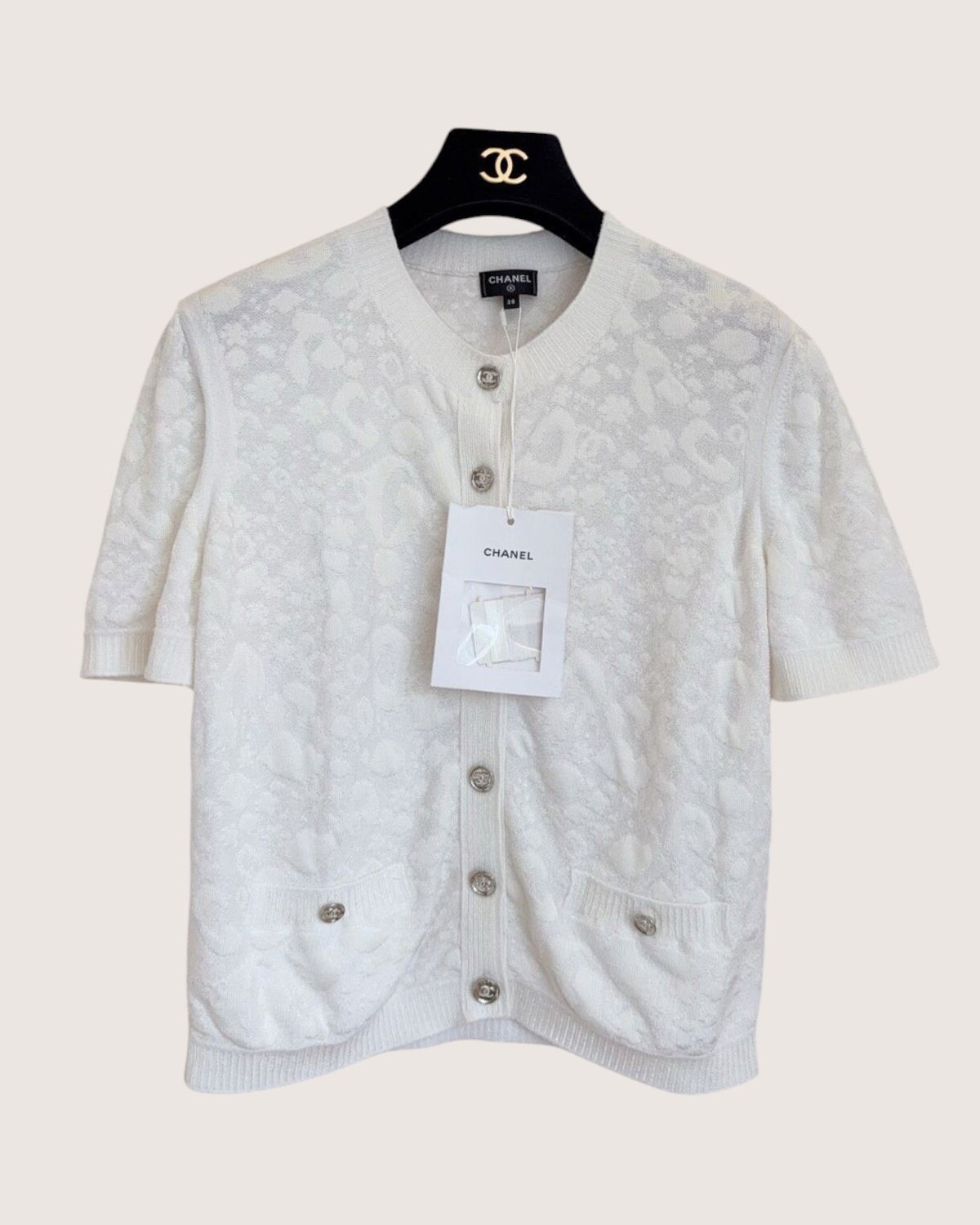 Chanel 23A Jacquard Short-Sleeve Pocket Cardigan White FR 38