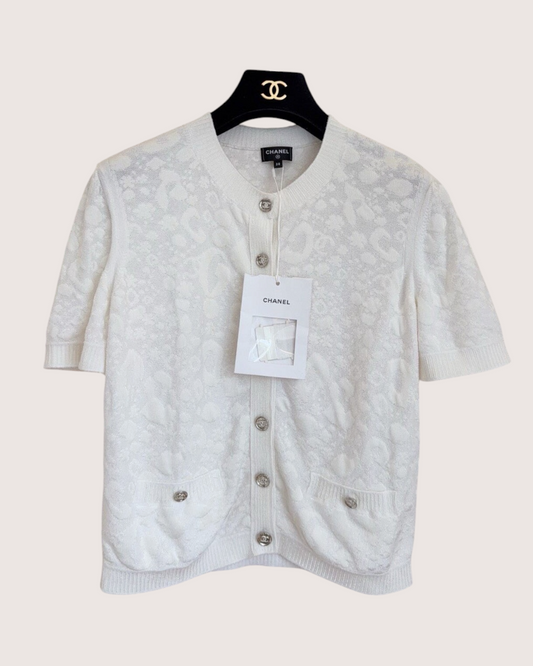 Chanel 23A Jacquard Short-Sleeve Pocket Cardigan White FR 38