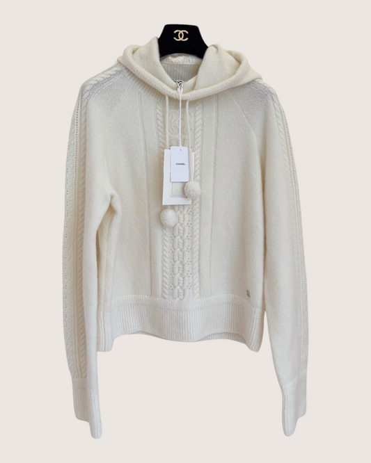 Chanel 24N Coco Neige Cashmere Cable Hooded Sweater White FR 40