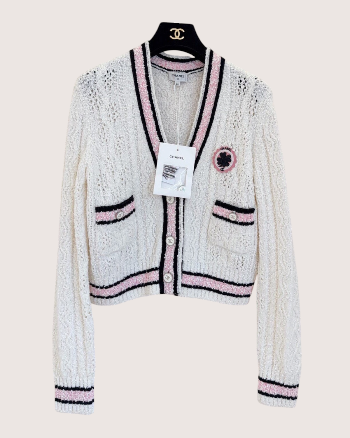 Chanel 24P Cable Cardigan White, Pink, Black FR 38